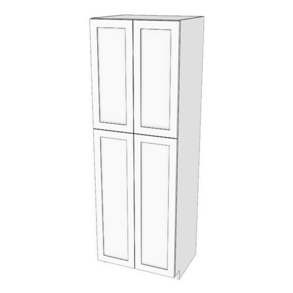 Tall cabinet with four doors: 22" to 36" wide, 84" high, 23 5/8" deep. Designed to install beside wall cabinets: Top door height matches door height of wall cabinets. Fixed shelf where doors meet. 6 adjustable shelves.