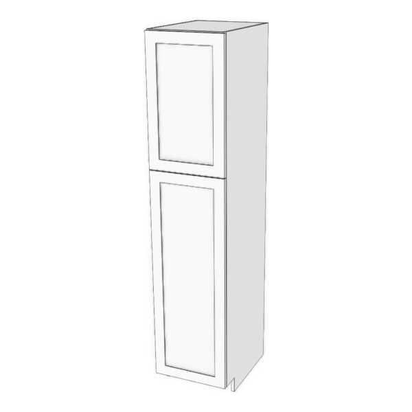 Tall cabinet with two doors: 6" to 24" wide, 84" high, 23 5/8" deep. Designed to install beside wall cabinets: Top door height matches door height of wall cabinets. Fixed shelf where doors meet. 6 adjustable shelves.
